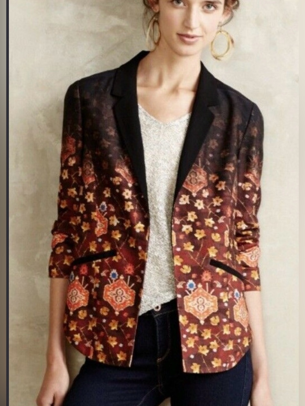Anthropologie Cartonnier Telluride Floral Ombre Bohemian Jacket Black Orange 6